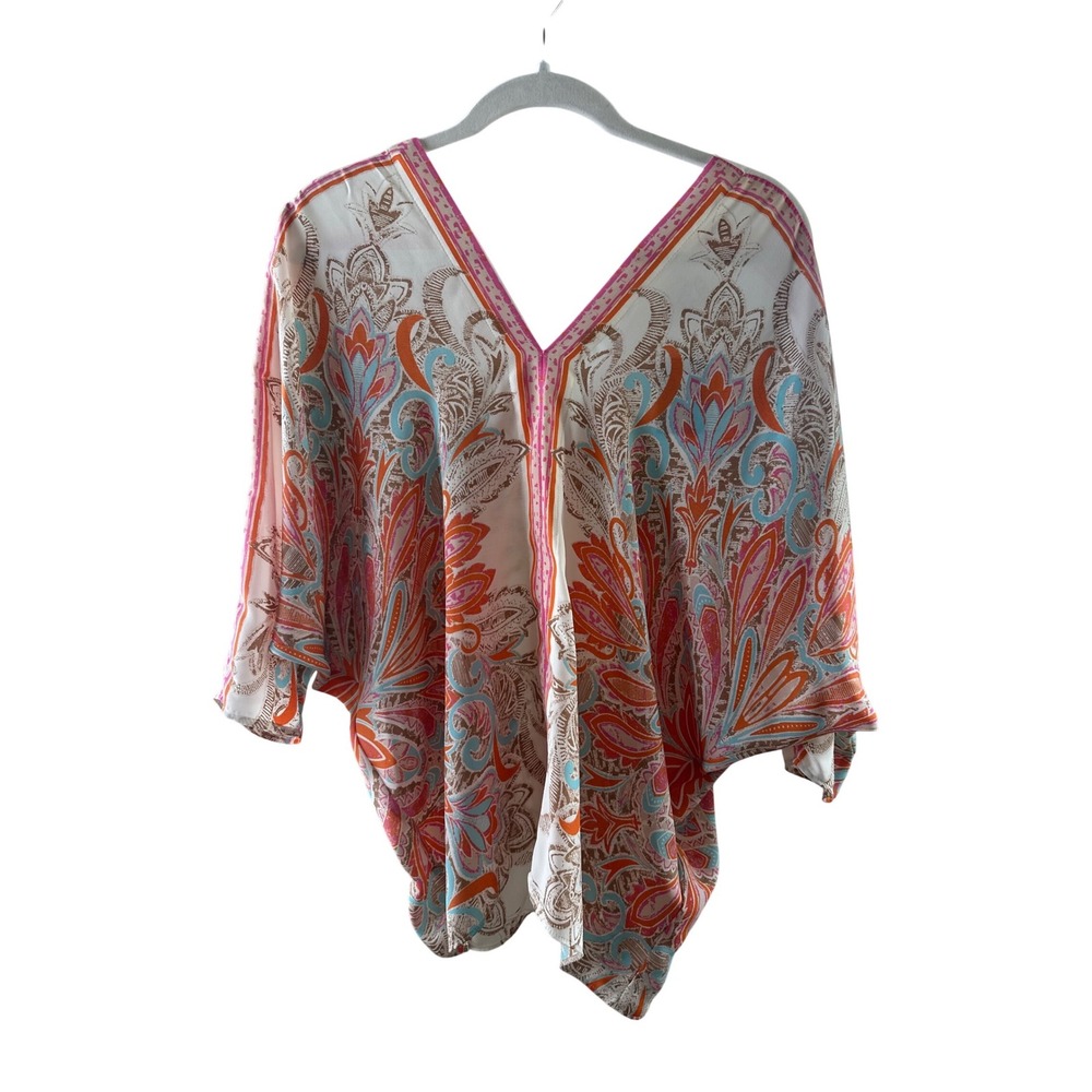 Rose‎ Olive Paisley Print V Neck Kimono Style Top Blouse Orange Pink Small NWT